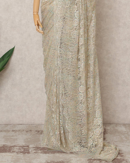 Iridescent Gold Premium Metallic Chantilly Lace Saree with Stone Work, 5.5 Meters Length, 110 Cms Width, Made in France-D23876 Regal Fabrics