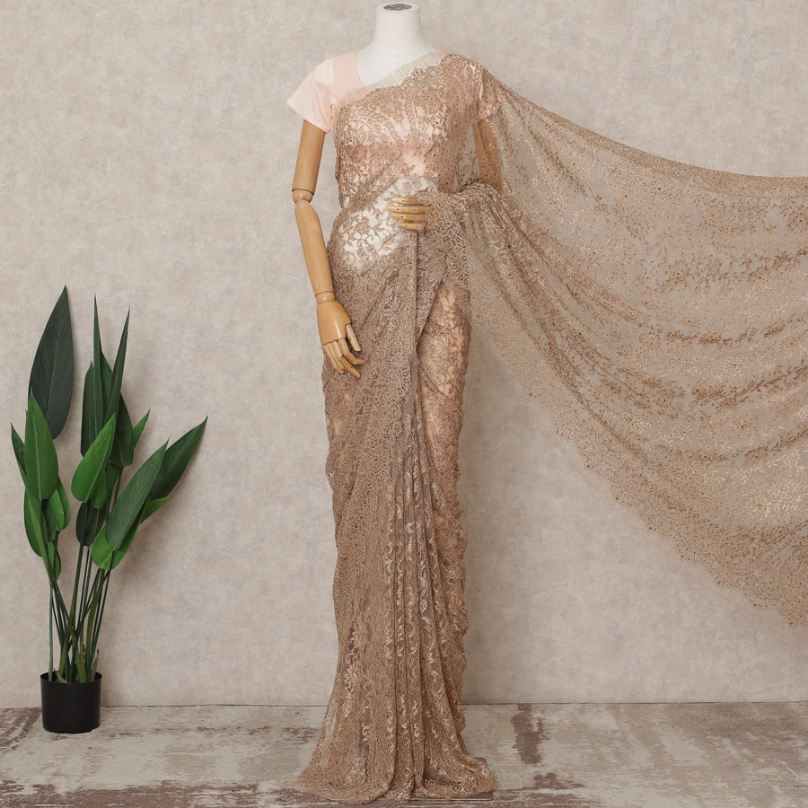 Bronze Gold Premium Metallic Chantilly Lace Saree with Stone Work, 5.5 Meters Length, 110 Cms Width, Made in France-D23877