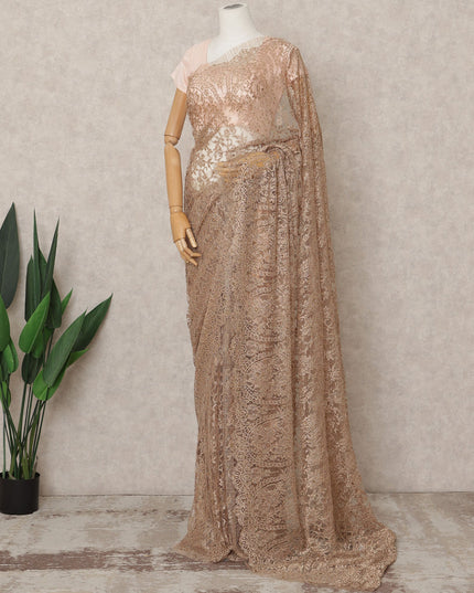 Bronze Gold Premium Metallic Chantilly Lace Saree with Stone Work, 5.5 Meters Length, 110 Cms Width, Made in France-D23877