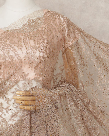 Bronze Gold Premium Metallic Chantilly Lace Saree with Stone Work, 5.5 Meters Length, 110 Cms Width, Made in France-D23877