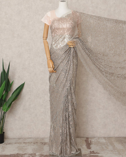 Taupe Grey Premium Metallic Chantilly Lace Saree with Stone Work, 5.5 Meters Length, 110 Cms Width, Made in France-D23879 Regal Fabrics