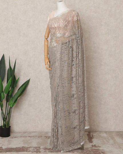 Taupe Grey Premium Metallic Chantilly Lace Saree with Stone Work, 5.5 Meters Length, 110 Cms Width, Made in France-D23879 Regal Fabrics