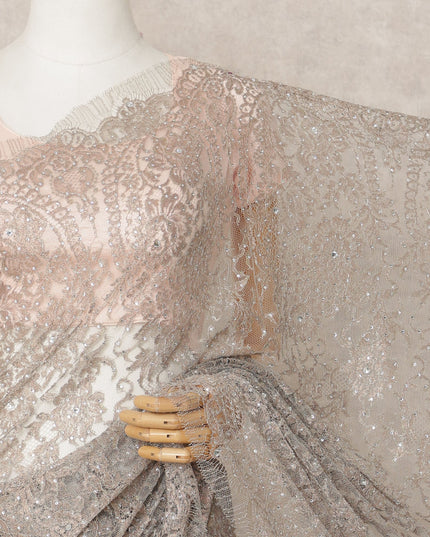 Taupe Grey Premium Metallic Chantilly Lace Saree with Stone Work, 5.5 Meters Length, 110 Cms Width, Made in France-D23879 Regal Fabrics