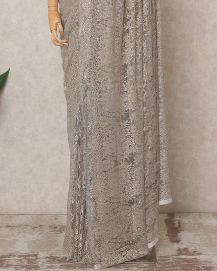 Taupe Grey Premium Metallic Chantilly Lace Saree with Stone Work, 5.5 Meters Length, 110 Cms Width, Made in France-D23879 Regal Fabrics