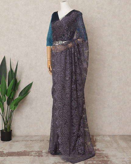 ساري فاخر من الدانتيل المعدني بلون أرجواني داكن مع تطريز حجري، بطول 5.5 متر وعرض 110 سم، صنع في فرنسا - D23880