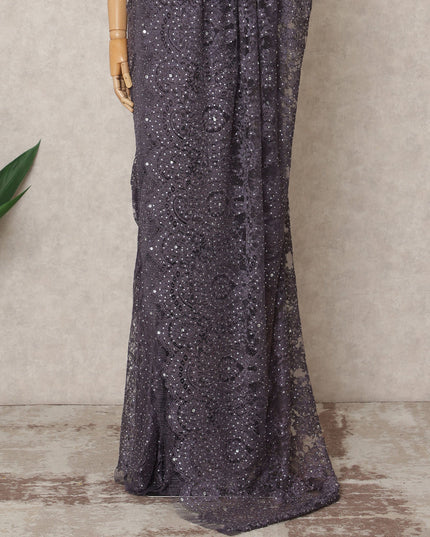 ساري فاخر من الدانتيل المعدني بلون أرجواني داكن مع تطريز حجري، بطول 5.5 متر وعرض 110 سم، صنع في فرنسا - D23880