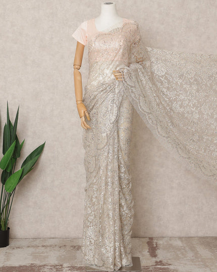 White Premium Metallic Chantilly Lace Saree with Stone Work, 5.5 Meters Length, 110 Cms Width, Made in France-D23881 Regal Fabrics