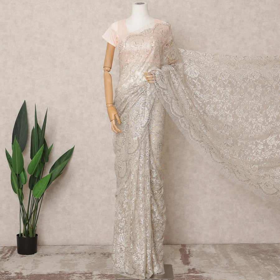 White Premium Metallic Chantilly Lace Saree with Stone Work, 5.5 Meters Length, 110 Cms Width, Made in France-D23881 Regal Fabrics