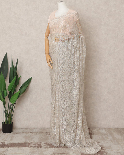 White Premium Metallic Chantilly Lace Saree with Stone Work, 5.5 Meters Length, 110 Cms Width, Made in France-D23881 Regal Fabrics