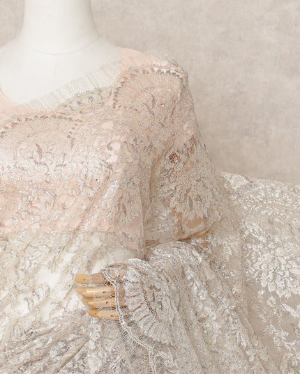 White Premium Metallic Chantilly Lace Saree with Stone Work, 5.5 Meters Length, 110 Cms Width, Made in France-D23881 Regal Fabrics