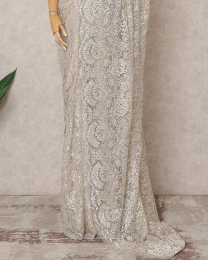 White Premium Metallic Chantilly Lace Saree with Stone Work, 5.5 Meters Length, 110 Cms Width, Made in France-D23881 Regal Fabrics