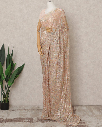 ساري شانتيلي معدني فاخر بلون الخوخ اللامع مع تطريز حجري، طوله 5.5 متر، عرضه 110 سم، صنع في فرنسا - D23882