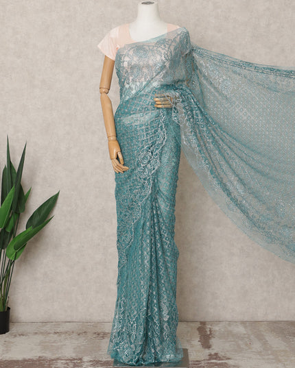 ساري شانتيلي معدني فاخر باللون الأزرق البحري مع تطريز حجري، طوله 5.5 متر، عرضه 110 سم، صنع في فرنسا - D23884