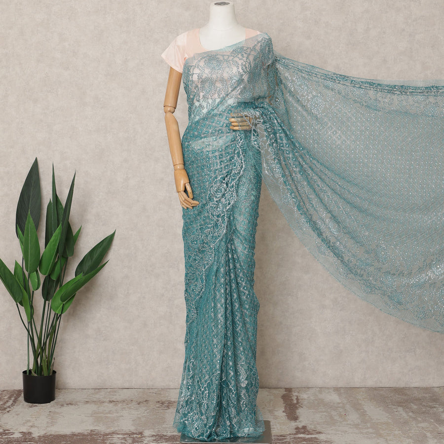 ساري شانتيلي معدني فاخر باللون الأزرق البحري مع تطريز حجري، طوله 5.5 متر، عرضه 110 سم، صنع في فرنسا - D23884