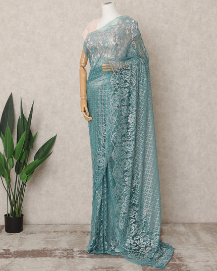 ساري شانتيلي معدني فاخر باللون الأزرق البحري مع تطريز حجري، طوله 5.5 متر، عرضه 110 سم، صنع في فرنسا - D23884