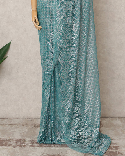 ساري شانتيلي معدني فاخر باللون الأزرق البحري مع تطريز حجري، طوله 5.5 متر، عرضه 110 سم، صنع في فرنسا - D23884