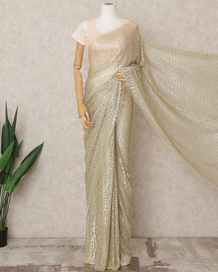 Golden Beige Premium Metallic Chantilly Lace Saree with Stone Work, 5.5 Meters Length, 110 Cms Width, Made in France-D23885 Regal Fabrics