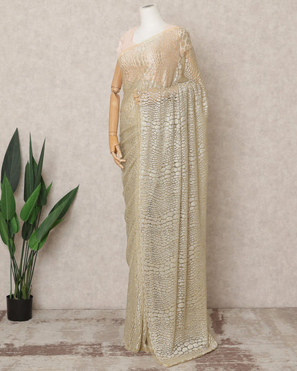 Golden Beige Premium Metallic Chantilly Lace Saree with Stone Work, 5.5 Meters Length, 110 Cms Width, Made in France-D23885 Regal Fabrics