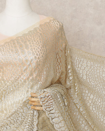 Golden Beige Premium Metallic Chantilly Lace Saree with Stone Work, 5.5 Meters Length, 110 Cms Width, Made in France-D23885 Regal Fabrics