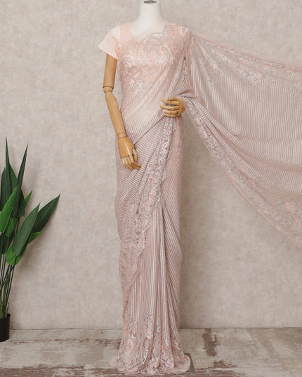 Blush Pink Premium Metallic Chantilly Lace Saree with Stone Work, 5.5 Meters Length, 110 Cms Width, Made in France-D23886