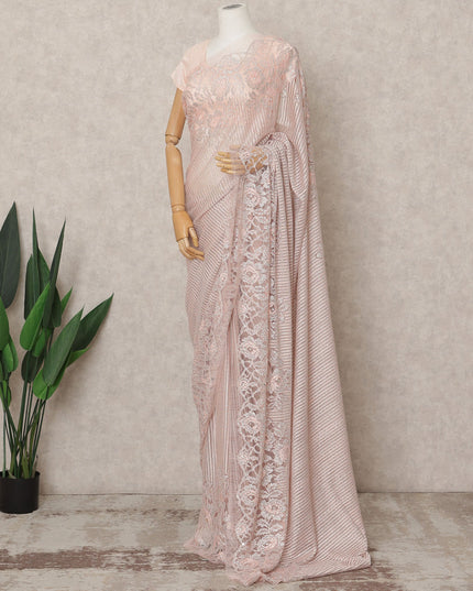 Blush Pink Premium Metallic Chantilly Lace Saree with Stone Work, 5.5 Meters Length, 110 Cms Width, Made in France-D23886