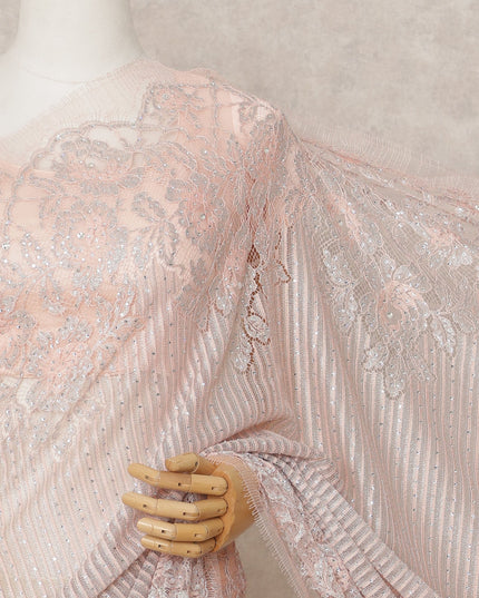 Blush Pink Premium Metallic Chantilly Lace Saree with Stone Work, 5.5 Meters Length, 110 Cms Width, Made in France-D23886