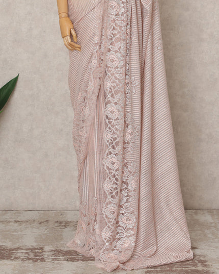 Blush Pink Premium Metallic Chantilly Lace Saree with Stone Work, 5.5 Meters Length, 110 Cms Width, Made in France-D23886