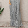 ساري شانتيلي معدني فاخر باللون الرمادي الفضي مع تطريز حجري، طوله 5.5 متر، عرضه 110 سم، صنع في فرنسا - D23887