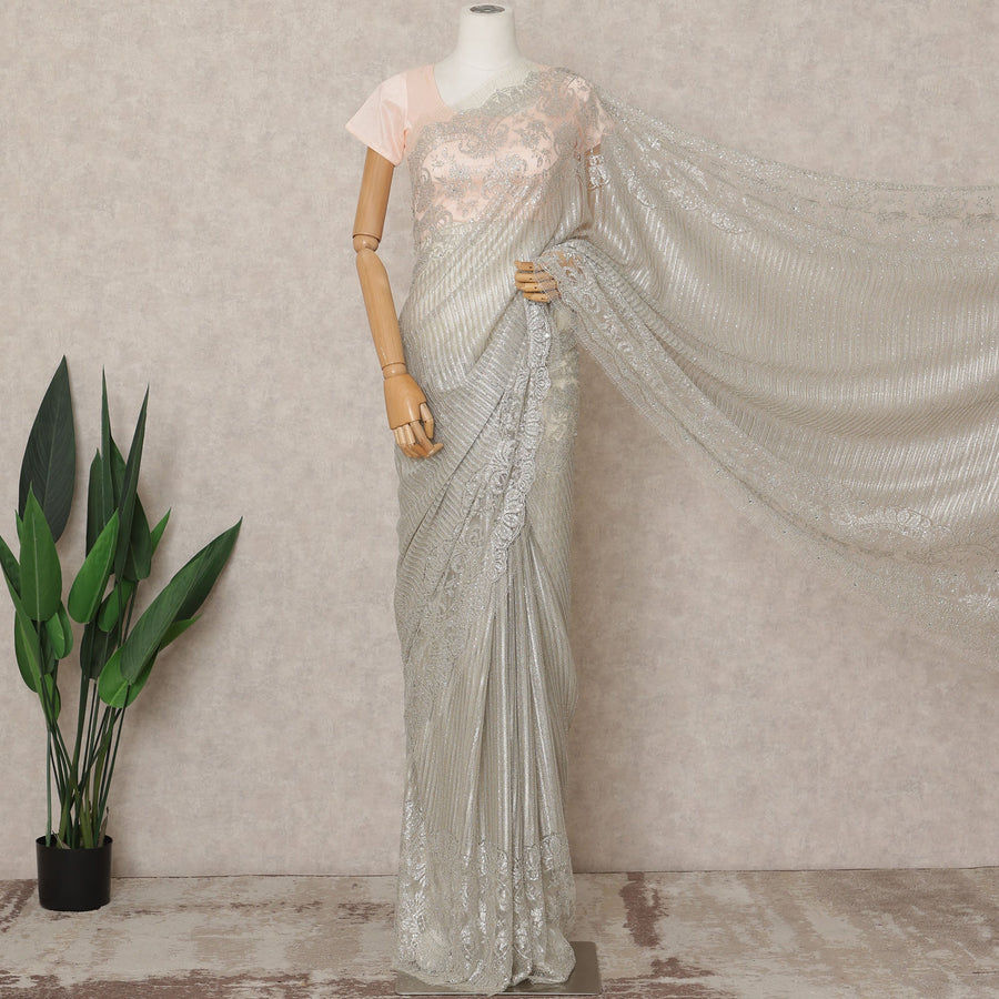 Ivory Silver Premium Metallic Chantilly Lace Saree with Stone Work, 5.5 Meters Length, 110 Cms Width, Made in France-D23888