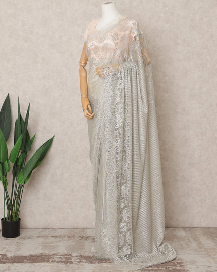 Ivory Silver Premium Metallic Chantilly Lace Saree with Stone Work, 5.5 Meters Length, 110 Cms Width, Made in France-D23888