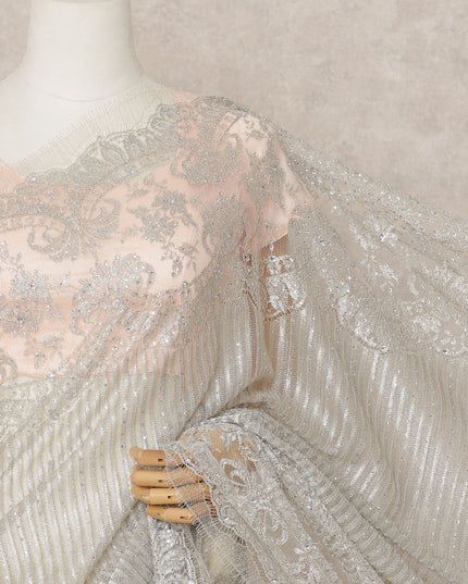 Ivory Silver Premium Metallic Chantilly Lace Saree with Stone Work, 5.5 Meters Length, 110 Cms Width, Made in France-D23888