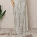 Ivory Silver Premium Metallic Chantilly Lace Saree with Stone Work, 5.5 Meters Length, 110 Cms Width, Made in France-D23888