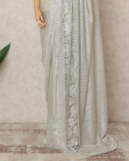 Ivory Silver Premium Metallic Chantilly Lace Saree with Stone Work, 5.5 Meters Length, 110 Cms Width, Made in France-D23888