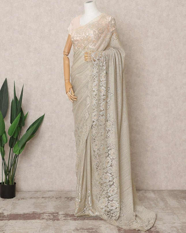Ivory Gold Premium Metallic Chantilly Lace Saree with Stone Work, 5.5 Meters Length, 110 Cms Width, Made in France-D23890