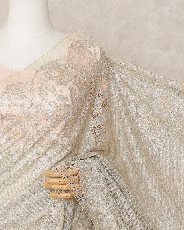 Ivory Gold Premium Metallic Chantilly Lace Saree with Stone Work, 5.5 Meters Length, 110 Cms Width, Made in France-D23890