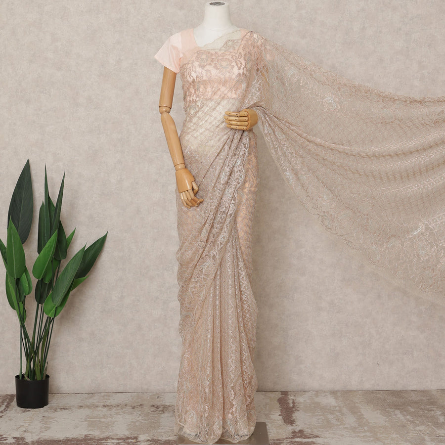 Dusty Rose Premium Metallic Chantilly Lace Saree Fabric, 5.5 Meters Length, 110 Cms Width, Made in France-D23892