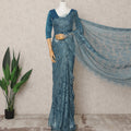 Teal Blue Premium Metallic Chantilly Lace Saree Fabric, 5.5 Meters Length, 110 Cms Width, Made in France-D23893