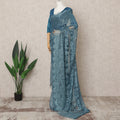 Teal Blue Premium Metallic Chantilly Lace Saree Fabric, 5.5 Meters Length, 110 Cms Width, Made in France-D23893