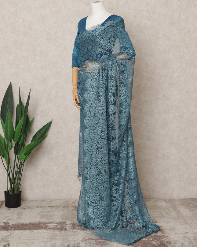 Teal Blue Premium Metallic Chantilly Lace Saree Fabric, 5.5 Meters Length, 110 Cms Width, Made in France-D23893 Regal Fabrics