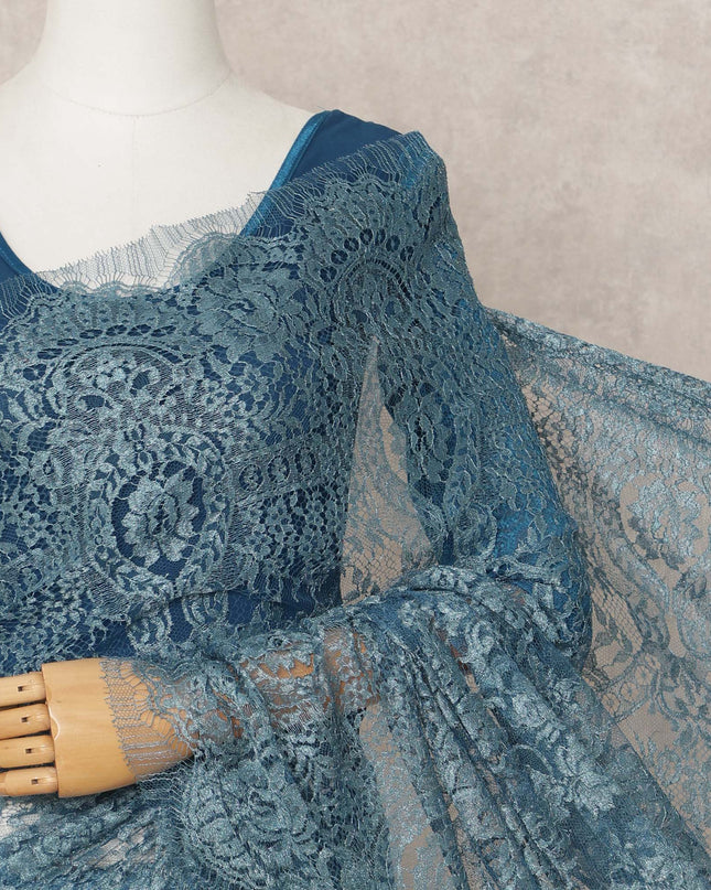 Teal Blue Premium Metallic Chantilly Lace Saree Fabric, 5.5 Meters Length, 110 Cms Width, Made in France-D23893 Regal Fabrics