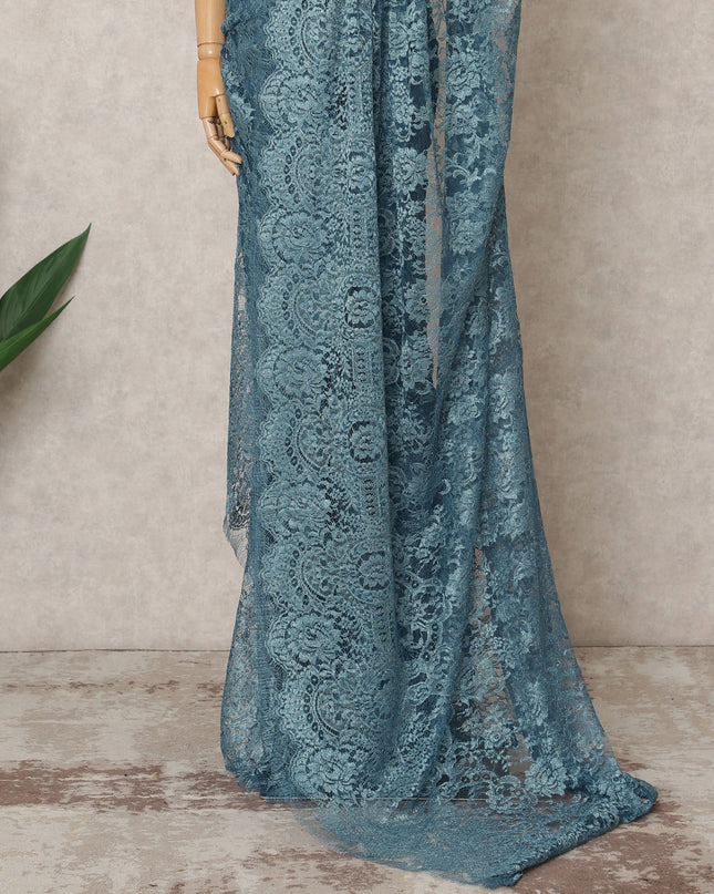 Teal Blue Premium Metallic Chantilly Lace Saree Fabric, 5.5 Meters Length, 110 Cms Width, Made in France-D23893 Regal Fabrics