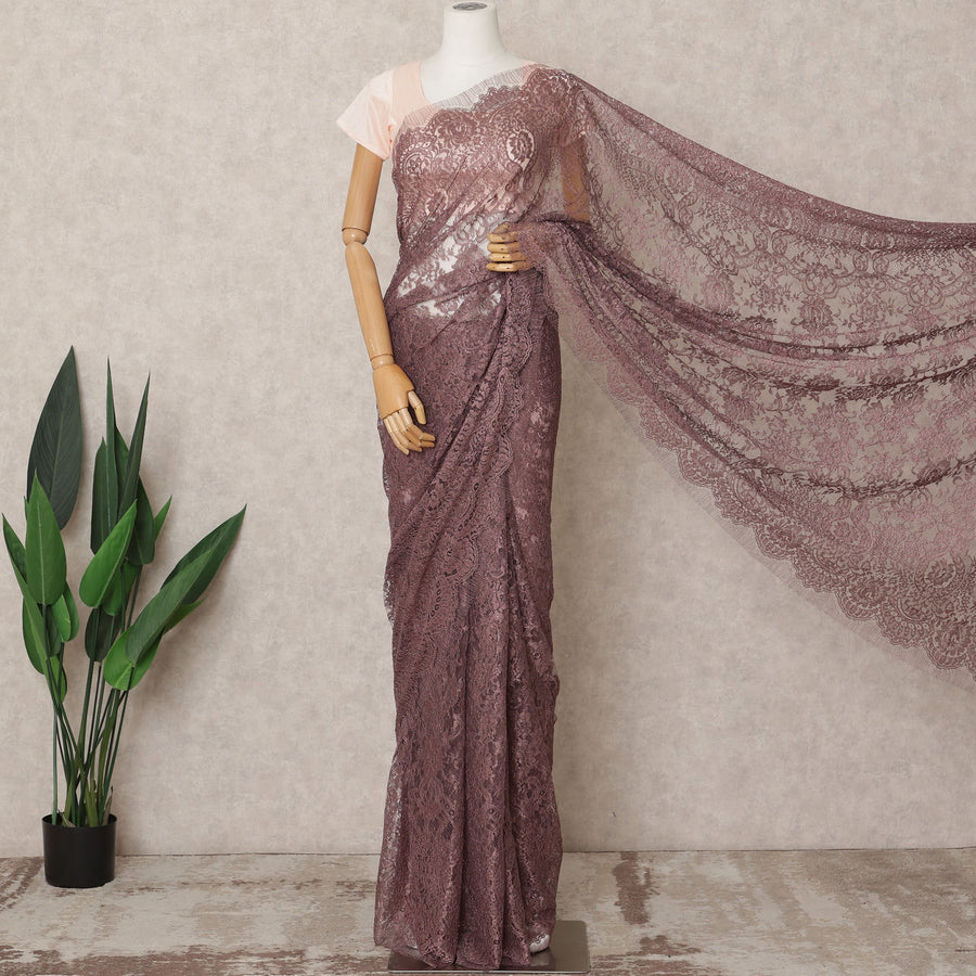 Dusty Mauve Premium Metallic Chantilly Lace Saree Fabric, 5.5 Meters Length, 110 Cms Width, Made in France-D23894