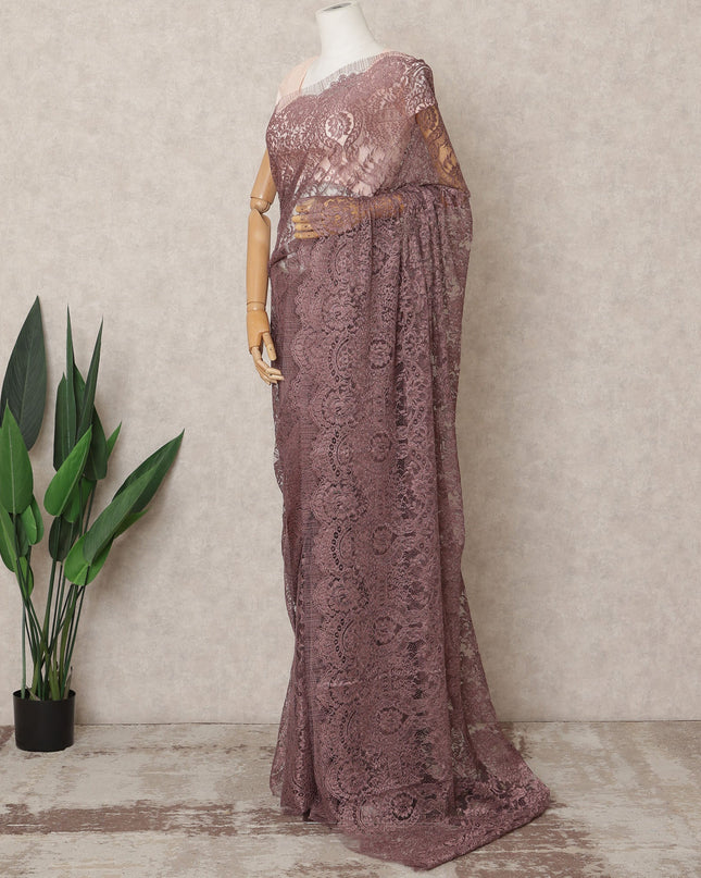 Dusty Mauve Premium Metallic Chantilly Lace Saree Fabric, 5.5 Meters Length, 110 Cms Width, Made in France-D23894 Regal Fabrics