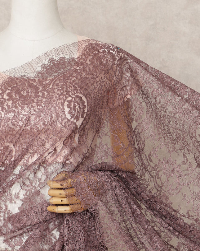 Dusty Mauve Premium Metallic Chantilly Lace Saree Fabric, 5.5 Meters Length, 110 Cms Width, Made in France-D23894 Regal Fabrics