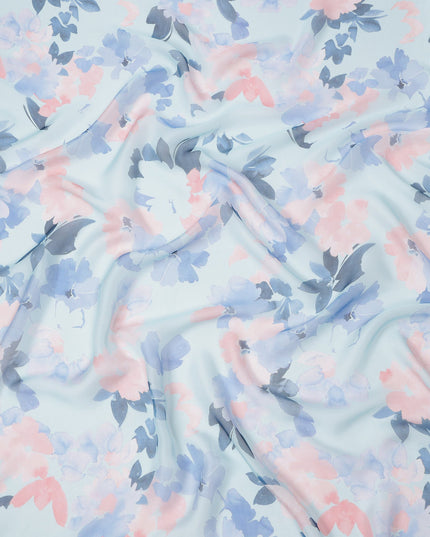 Sky Blue Base Soft Pink and Lilac Watercolor Floral Printed Pure Silk Chiffon Fabric, 110 Cms Width, Made in South Korea-D23993