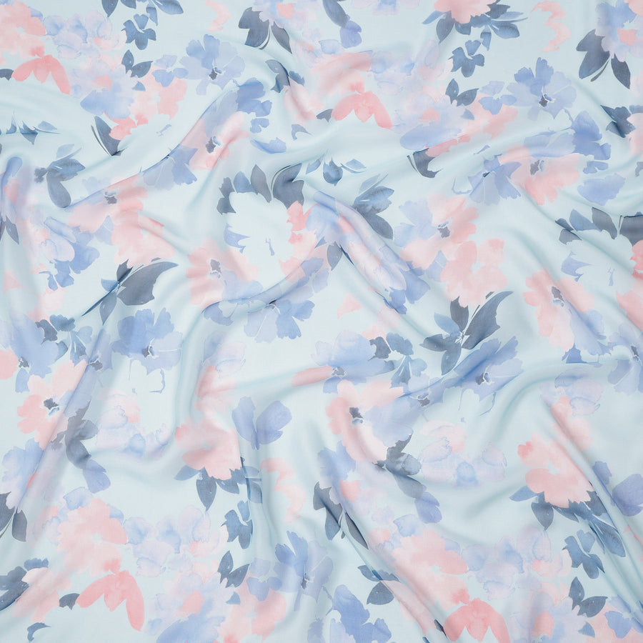 Sky Blue Base Soft Pink and Lilac Watercolor Floral Printed Pure Silk Chiffon Fabric, 110 Cms Width, Made in South Korea-D23993