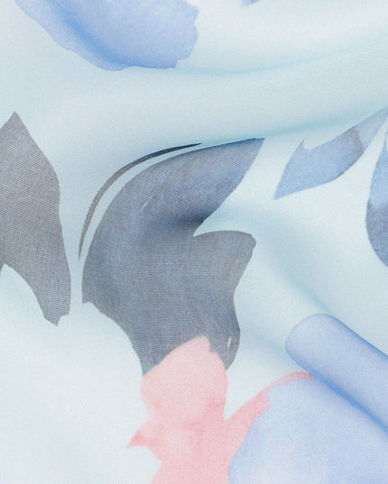 Sky Blue Base Soft Pink and Lilac Watercolor Floral Printed Pure Silk Chiffon Fabric, 110 Cms Width, Made in South Korea-D23993