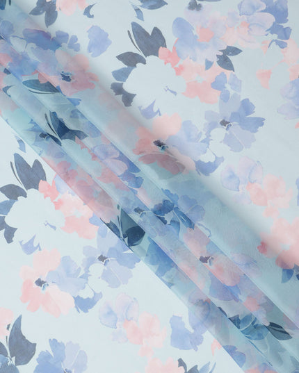 Sky Blue Base Soft Pink and Lilac Watercolor Floral Printed Pure Silk Chiffon Fabric, 110 Cms Width, Made in South Korea-D23993