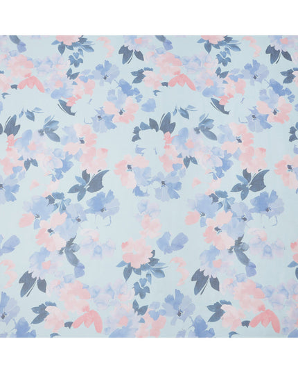 Sky Blue Base Soft Pink and Lilac Watercolor Floral Printed Pure Silk Chiffon Fabric, 110 Cms Width, Made in South Korea-D23993