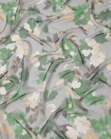 Soft Grey Base Green and Ivory Oversized Floral Printed Pure Silk Chiffon Fabric, 110 Cms Width, Made in South Korea-D23994